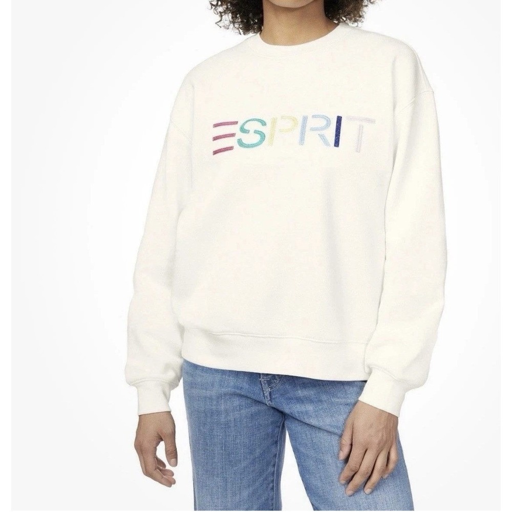 Esprit Sweatshirt Women S Cream Rainbow Embroidered Logo Crewneck Pullover NEW